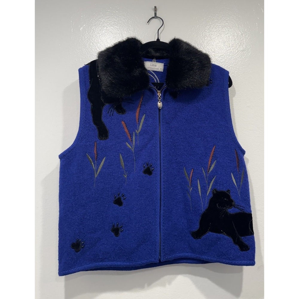 VTG Lisa International Blue Velvet Panther Zip Vest Boiled Wool Faux Fur Glam